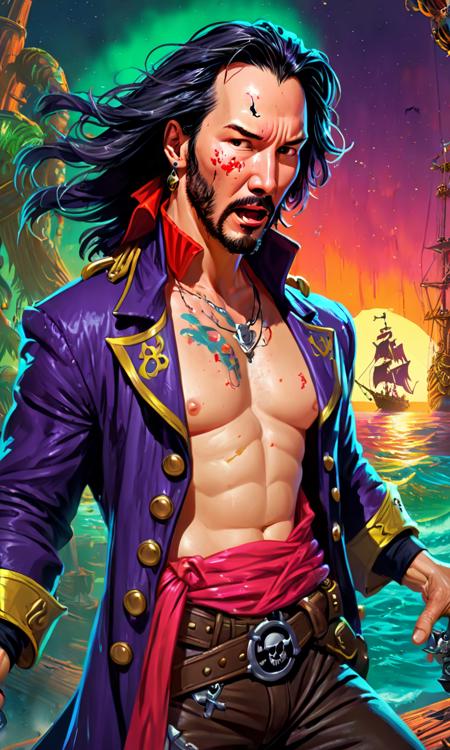 vaporwave style Logo ethereal fantasy concept art of (Disney style:1.5) ((Keanu Reeves face:1.4)) (Death's Head Island:1.3), style by Bruce Pennington,(Linnea Strid:1.3),_background_,(_pirate old wood ship_:1.7)There are a lot of monsters and dead drowned people around from the movie Pirates of the Caribbean, style by Bruce Pennington,(Linnea Strid:1.3), the style of pirates of the Caribbean, Dark Red clothes, Angry,face tatoo, body tatoo,head tatoo, weapens, wide open green eyes, rough boots on your feet, shooting Bnd explosions all around a dark background, rides a Harley, Stardust,(Wind:1.2), black cloak, Orange Blood, ((very bright light on the face1.5)),best-quality,infinitely detailed,dynamic-angle,deep-night-colors,ultrarealistic naughty deviant,playful-shadows,good-mod,black-hair,perfect-face,, amazin, theatrical, stunning, sublime, extremely beautiful, very delicate, passionate, highly intricate, magical ambient, sharp focus, dramatic, epic breathtaking, divine, glowing, illuminated, cinematic, incredible, phenomenal, pure, astonishing, creative, amazing, inspiring, thought, rich, marvelous, wonderful, awesome, splendid, brilliant . retro aesthetic, cyberpunk, vibrant, neon colors, vintage 80s and 90s style, highly detailed