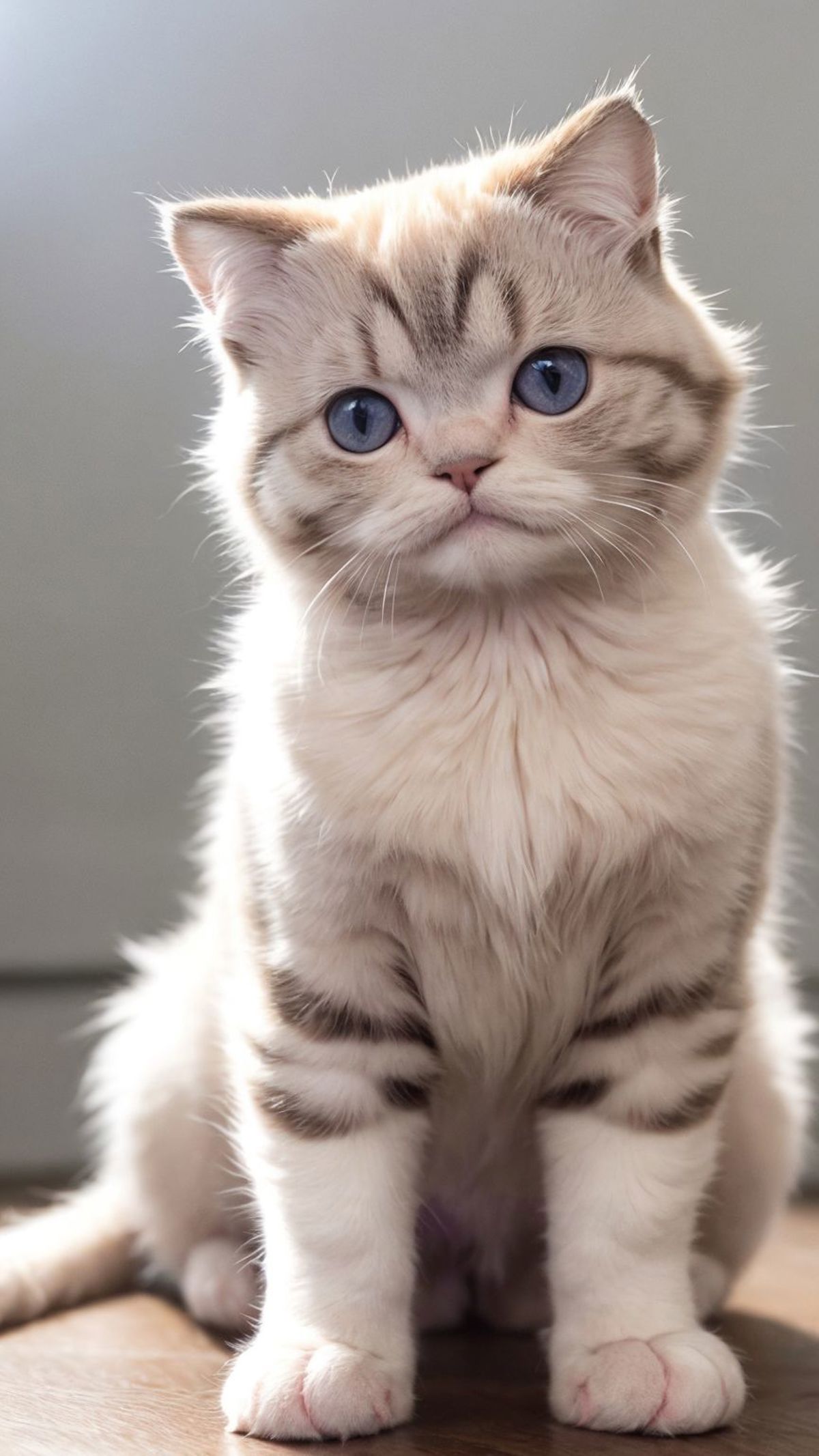 A close-up of a white kitten with blue eyes looking straight ahead.