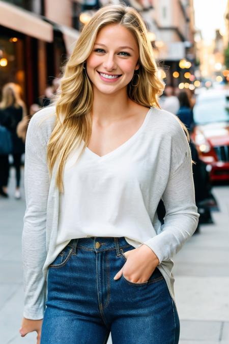 photo of a beautiful young woman, (melissa benoist), happy, casual clotrhes, a woman with long blonde hair, wearing jeans, attractive beautiful cute sexy woman, thick thighs, realistic, uhd, soft lighting, professional lighting, outdoors public place,  shops in background, extremely detailed background,  background, lifelike texture, amateur lighting , <lora:testing_mel-11:0.7>