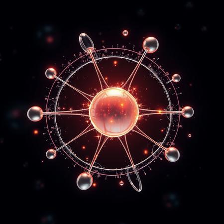 3d atoms colliding together, electrons on orbits, nucleus