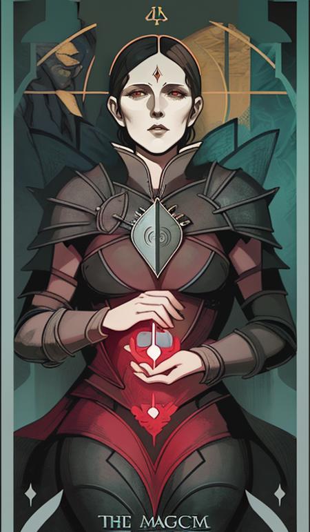 the epitome of mommy issues, dragon age tarot card, art deco, esoteric symbolism, alchemist, glowing <lyco:dragonAgeTarot-...