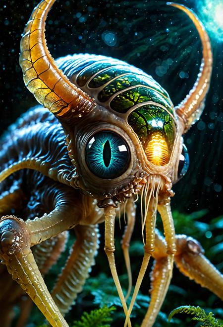 a realistic photo, highly detailed, intricate, beware this otherworldly glowing invertebrate abomination, aptly named "giganotus", with its many legs, this exotic, translucent body, Highly detailed eye, deadly poisonous creature roams the bioluminescent skrunkleshroom forests and psionified jungles of its alien world "Toridor II", Space terraforming, Alien Flora, hyper detailed, trending on artstation, sharp focus, studio photo, intricate details, highly detailed, by greg rutkowski detailed face, detailed skin