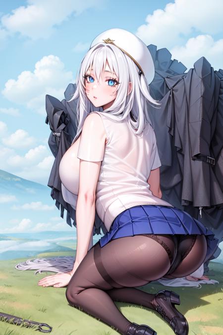 masterpiece, best quality, extremely detailed, snsoyuz, 1girl, solo, long hair, breasts, looking at viewer, blue eyes, skirt, scenery, outdoors,  very long hair, underwear, panties, full body, white hair, short sleeves, pantyhose, pleated skirt, black footwear, blue skirt, panties under pantyhose, thighband pantyhose,  <lora:sovetsky_soyuz_(azur_lane)_V2:1>, milf, <lora:Milf:0.7> ,<lyco:LoconBurstingBreasts_v1:0.8>