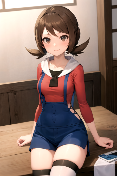 masterpiece, best quality, <lora:Lyra-01:1> , lyra \(pokemon\), brown eyes, red shirt, overalls, smile, sitting, white thighhighs,