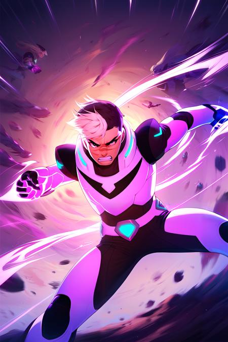 embedding:Pony\Positive\PonyXLV6_Scores, ponyshirogane, nose scar, undercut hair centered white bang, paladin armor, prosthetic arm, clenched teeth, fighting stance, dynamic angle, vfx