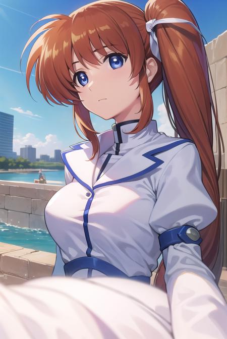 nanohatakamachi, <lora:nanohatakamachi-lora-nochekaiser:1>,
nanoha takamachi, (takamachi nanoha:1.5), long hair, blue eyes, brown hair, hair ribbon, (side ponytail:1.5), white ribbon,
BREAK magical girl, jacket, collar, puffy sleeves, long sleeves, white jacket,
BREAK looking at viewer, full body, upper body,
BREAK outdoors, city, sky,
BREAK <lyco:GoodHands-beta2:1>, (masterpiece:1.2), best quality, high resolution, unity 8k wallpaper, (illustration:0.8), (beautiful detailed eyes:1.6), extremely detailed face, perfect lighting, extremely detailed CG, (perfect hands, perfect anatomy),