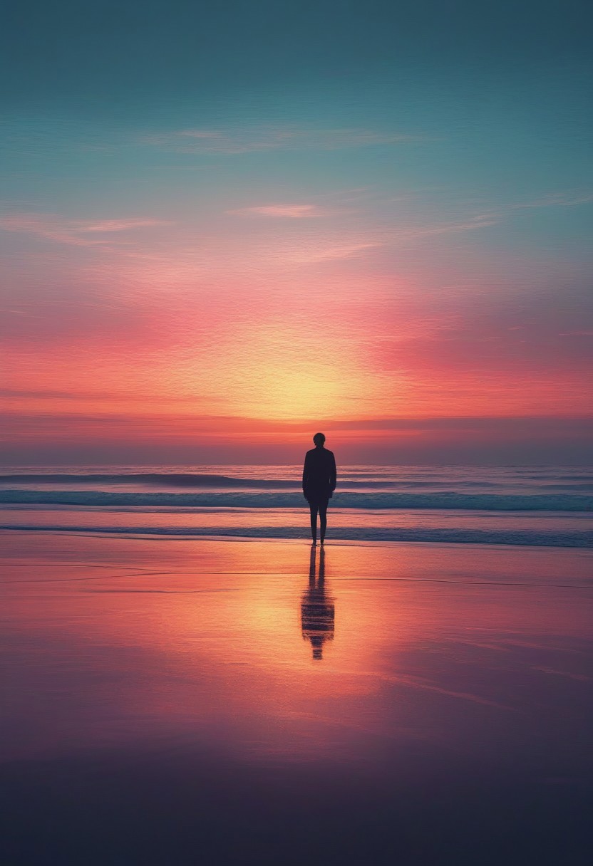 A serene, minimalist beach where the soft waves lap gently against the shore. The sand is clean and smooth, but the water is a symphony of surreal, abstract patterns—each wave a psychedelic blend of bioluminescent colors. In the distance, a lone figure stands, silhouetted against a luminous, futuristic skyline of Art Nouveau architecture twisted into glitching, binary distortions. The sunset is a bold, Pop Art explosion of vivid reds and yellows, contrasting with the smooth, minimalist environment in a perfect blend of chaos and calm.