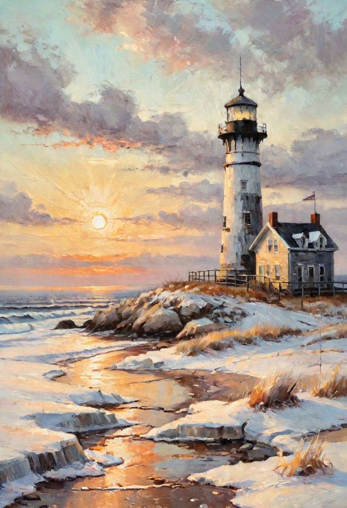 Lighthouse at Sunset with Snowy Beach and House in Background