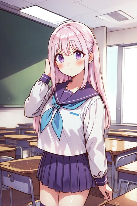 1girl, classroom, standing, cowboy shot, 
kashiwada,  purple eyes, pink hair,  long hair, bangs, sidelocks, blush, school uniform, serafuku, neckerchief, sailor collar, long sleeves, pleated skirt, kneehighs, <lora:kashiwada_lora_ver1:0.7>, best quality, masterpiece, highres, <lora:GoodHands-vanilla:1>