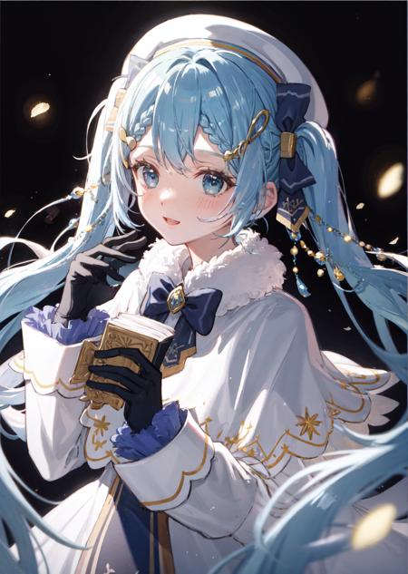 mksks style, masterpiece, best quality, sidelighting, highres,  <lora:yuki_miku_2021-10:1>,
yuki miku (2021), 1girl, blue gloves, book, white headwear, blue hair, twintails, musical note hair ornament, gloves, beret, hat, bow, solo, blue eyes, long hair, musical note, capelet, white capelet, braid, light blue hair, snowflake print, blue bow, hair ornament, braided bangs, looking at viewer, hair bow, upper body, white dress, fur trim, fur-trimmed capelet, treble clef, white background, gold trim, dress, very long hair, bowtie, tabard, lily of the valley,