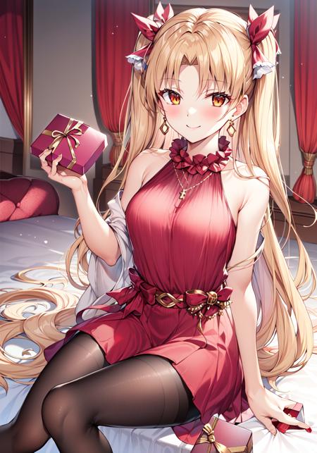 masterpiece, best quality, high resolution,
BitterSweet, ValentineGown, 1girl, solo, gift, gift box, sitting, box, holding, looking at viewer, blush, holding gift, very long hair, smile, pantyhose, 
<lora:FGOEreshkigalv2:0.8>