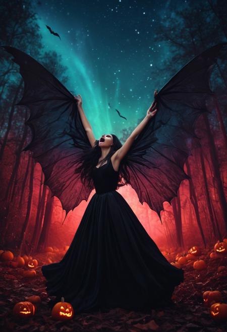 masterpiece, high quality, abstract, angelic woman, wings, screaming, vampire lady, elegant vampire clothes, centered, side view, black silhouette of a girl, (long flowy hair), flowy skirt, red bloody forest background, ((dynamic pose)), night time, dark theme, starry sky, glowing hair, cinematic, vivid colors, ((saturated neon colors)), perfect hands, anzhcdreamwave, aesthetic, Perfect Hands, aurora borealis, ((glowing halloween pumpkins)), ((bats))