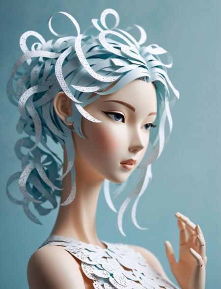 paper girl, paper skin, paper hair, paper background, hand craft, hand robot, statue, art, delicate light, High quality photo,