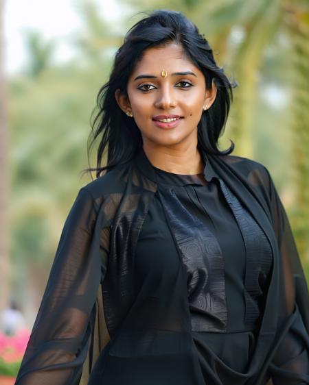 ultrarealistic soft focus photo of a 30-year-old woman, nyla usha, outdoors, high neck Abaya Style Suit  covering chest and cleavage, smiling, Medium close-up camera angle, looking looking at camera, day time, beautiful bokeh  <lora:Nyla_Usha_SDXL_LoRA:1>