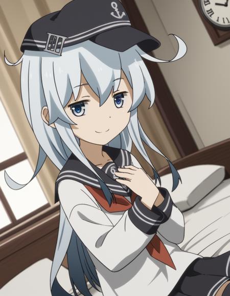 hibiki, long hair, blue eyes, white hair, grey hair, hibiki (kancolle) skirt, thighhighs, long sleeves, hat, school uniform, pleated skirt, serafuku, black thighhighs, black skirt, neckerchief, flat cap,