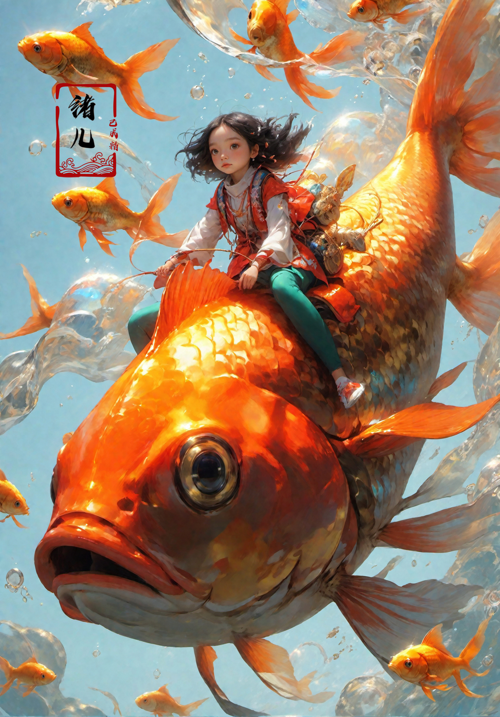 A young girl riding a fish in a painting.