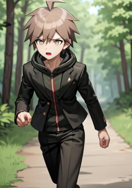 masterpiece, best quality, 1boy, black jacket, hood, ahoge, short hair, brown hair, <lora:MakonaeA-06:0.6>, forest, running