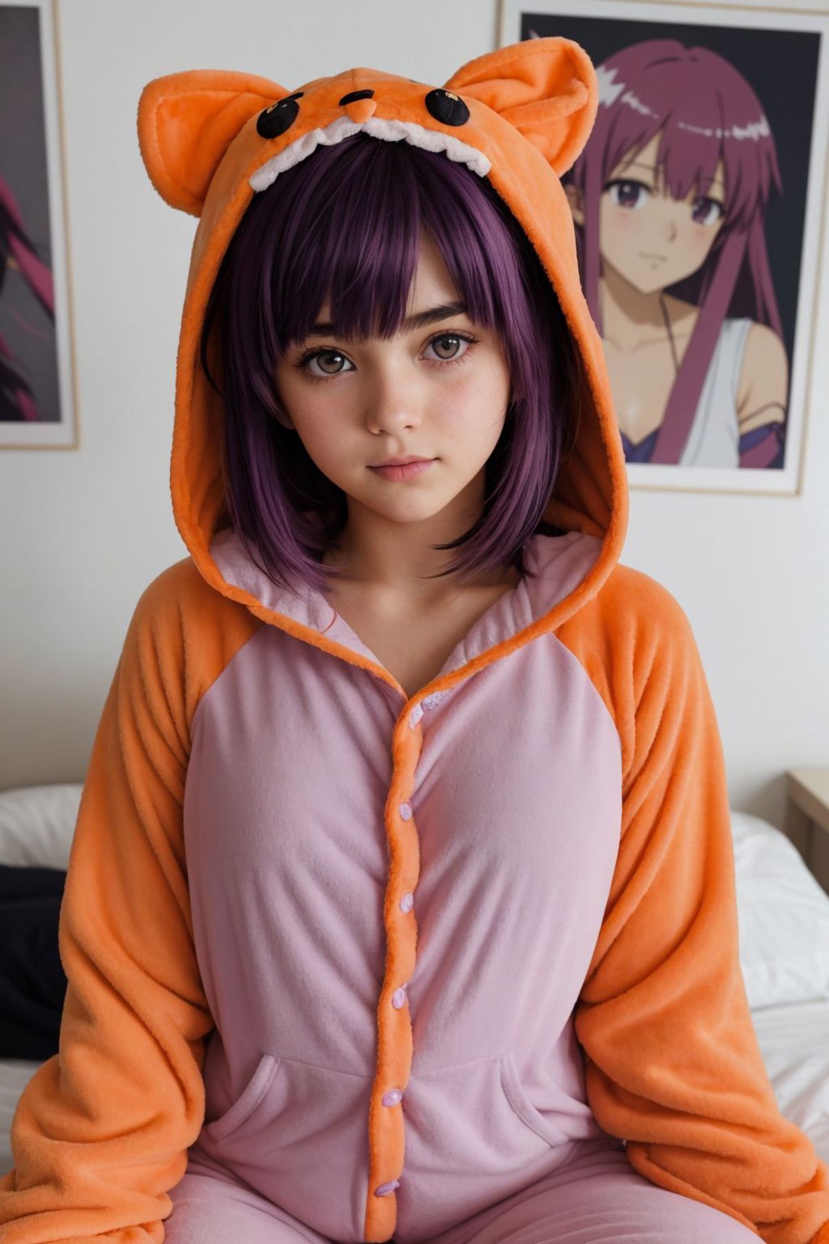 A young girl wearing a pink and orange animal pajama suit.