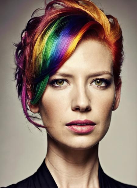 portrait of sks woman by Flora Borsi, style by Flora Borsi, bold, bright colours, rainbow Mohawk haircut, ((Flora Borsi)), <lora:locon_anna_v1_from_v1_64_32:1.25>