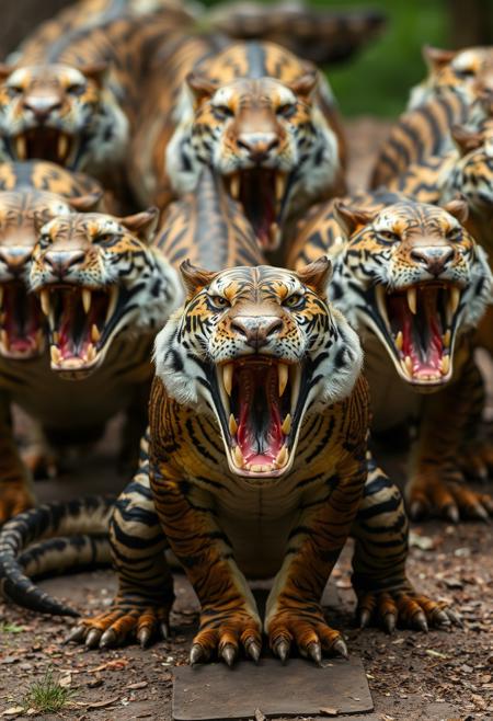 A heard of Tigators, Tiger With Alligator hybrids.   looking fierce with thier alligator snout open for a bite,  elongated head of an alligatori, t has scales instrad of fur. He has short stubby legs and a long flat tail, hes angry. Tigator, a Tiger and Alligator Hybrid creature, real,