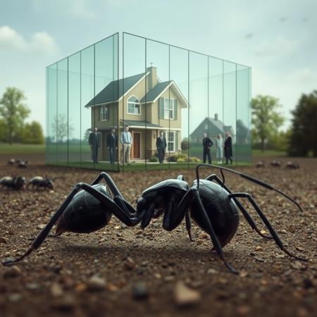 photoshop montage.
in the fore ground is a giant black ant prone on its hind legs.
in the mid ground, to the side,  is a giant terrarium, a prison made of glass walls, inside are men and women and a tiny house one story suburban house. They are real human beings but are the same size as the ant.
The montage gives a feeling of wonder, like a science fiction scene of an alternate reality where ants are huge and rule the world.