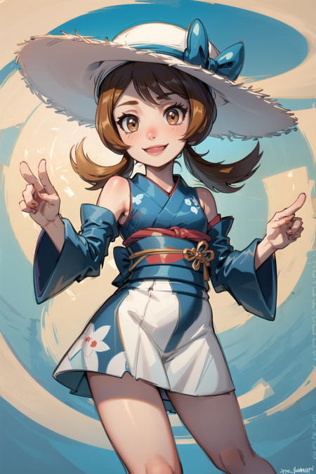 masterpiece, best quality, AS-Younger, <lora:LyraLora:0.7>, lyra \(pokemon\), smile. detached sleeves, blue kimono, japanese clothes, white headwear, sun hat,