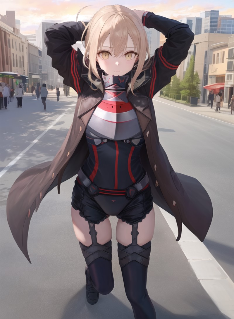 masterpiece, best quality, MHXA, (vader outfit), city center, hands above head, <lora:MHXA_REMAKE-20:0.8>