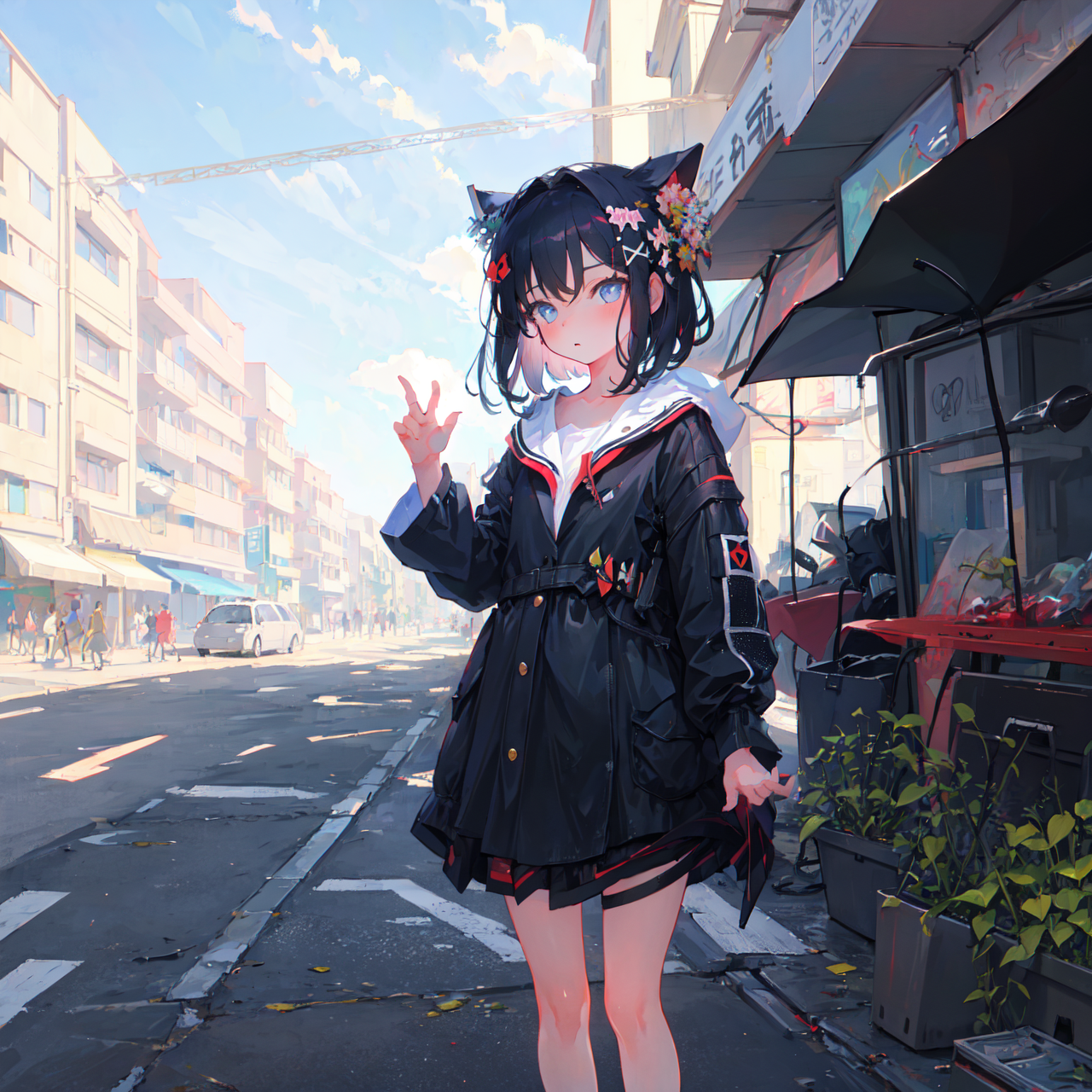(masterpiece,best quality:1.4),ultra-detailed,illustration,
(solo,1girl,loli:1.2),
sity, street, vehicle,