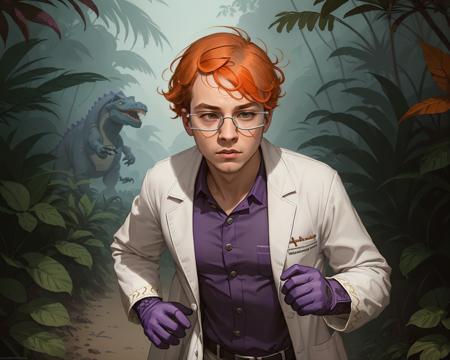 (masterpiece), (extremely intricate), (((photo of a boy scientist, orange hair, glasses))), (((purple gloves, closed white lab-coat, intricate details on clothing))), ((running away from a dinosaur)), (perfect composition:1.4), ((jungle background)), deviantart hd, artstation hd, concept art, detailed face and body, award-winning photography, margins, detailed face, professional oil painting by Ed Blinkey, Atey Ghailan, Jeremy Mann, Greg Manchess, Alex Gray, trending on ArtStation, trending on CGSociety, intricate, high detail, sharp focus, dramatic, award winning matte drawing cinematic lighting octane render unreal engine volumetrics dtx <lora:dextr95_V12:0.5>