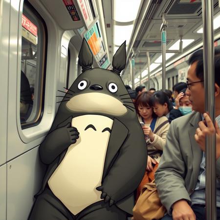 A very tired Totoro, wearing a Japanese salaryman suit, sitting in a very crowded Tokyo Metro train with other passengers on the Hibiya line after a hard day's work.