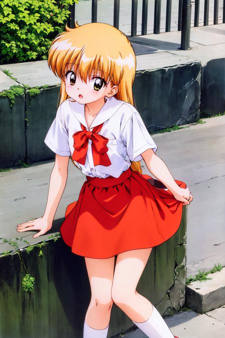 <lora:kozuki_miyu:1>, kozuki miyu, (masterpiece:1.2), (high quality:0.8), 1girl, solo, on the streets, outdoor,  full body, BREAK, collarrd shirt, short sleeves, skirt, red skirt, white socks, kneehighs, sneakers