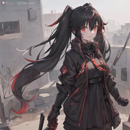 1girl, masterpiece, highest quality, best quality, , highly detailed, best illustration, glowing hair, ray tracing,  <lora:Lucia-3:0.5>, Lucia, Twintails,black hair, multicolored hair, open jacket, black jacket, black dress,  red eyes, mechanical arms,smile, necktie,looking at viewer, holding sword