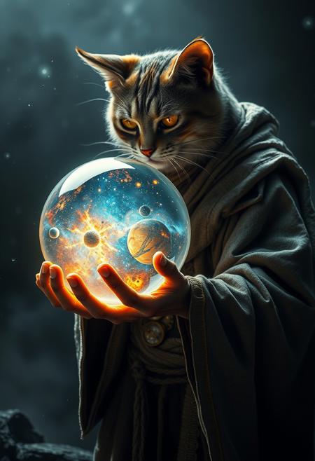 The final moment of a cosmic guardian: a frail, hunched cat in tattered robes, his face obscured by shadow. He extends a glowing glass sphere filled with galaxies, planets, and nebulae, symbolising all of creation, towards the viewer. The sphereas ethereal light bathes his hands and robes in glowing hues of gold and silver, cutting through the surrounding darkness. The background is vast and mysterious, hinting at the infinite cosmos. The mood is dramatic and reverent, evoking awe and curiosity.
aidmaimageupgrader < <lora:DreamArtFlux:0.7> DreamArt <lora:fluxenhancer:0.25>  <lora:aidmaFLuxPro1.1_v0.3:0.8> aidmafluxpro1.1