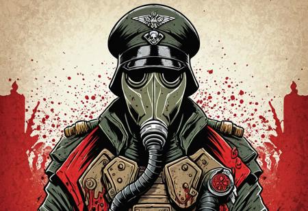 (Digital Illustration), Death Korps of Krieg Soldier, gas mask, bloody, portrait, dynamic composition, comic book \(style\), bold lines, focus on dramatic shading, red splashes, (lineart), linear, limited color palette, extremely detailed,
 <lora:Death-Korps-000007:1>