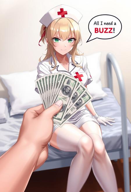 score_9,score_8_up,curvy,expressive,good_hands,<lora:Expressive_H:1>,Expressiveh,depth of field, beautiful, fantastic and realistic anime style, 
No watermark, No signature, No logo
No pubic hair, No censored, No Deformed body parts, No logo, No Incomplete body parts,
1 girl, 27 year old, beautiful and sharp face, slender and dynamic nice body, erotic clothes, blonde hair, jade green eyes, angry
nurse, mini skirts, white_pantyhose, leg_garter, white gloves, nurse_cap, white clothes, red cross mark, 
girl's speech bubble: "All I need is BUZZ!"
"A realistic depiction of a nurse in a white uniform and cap with a red cross, sitting in a side of clinical bed. In the foreground, a hand offers a stack of currency, creating a contrast between medical professionalism and monetary implication. The scene is well-lit with a neutral background."
