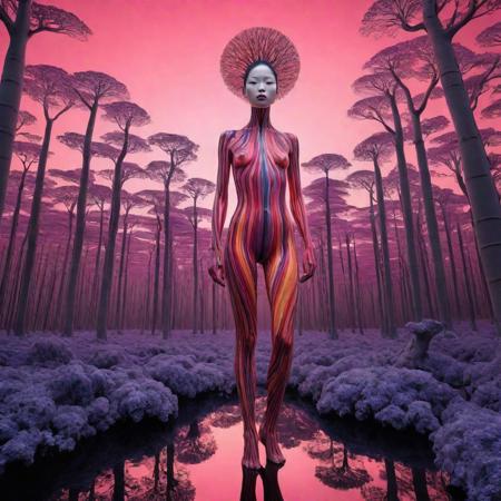 A surrealistic fusion of Reuben Wu's ethereal landscapes with Nick Knight's hyper-realistic models. A Synthetic forest of barcode trees, where creatures with Taro Okamoto's biomechanical limbs frolic and play. The sun sets in vibrant, electric hues, casting long, synthetic shadows that distort the Sharp Focus images of the models. In the distance, a satellite hovers, projecting old school designs onto the landscape, OverallDetail
