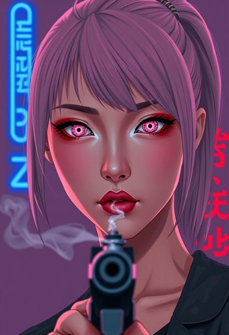 Close-up movie poster of a tall, slender Japanese cyberpunk assassin, in a semi-realistic style with subtle Patrick Nagel-inspired stylization. Her face fills the horizontal frame, staring coldly at the viewer. She has long blush pink hair in a high ponytail with side-swept bangs and loose strands framing her face.
Her cybernetic eyes are highly realistic with glowing faint pink irises, intricate circuit patterns visible in the iris, styled like high-end anime eyes but with real-world texture. She wears bold red Asian-style eyeshadow, stylized with clean, sharp application reminiscent of Nagel’s graphic look.
At the bottom edge of the frame, a silver pistol barrel is visible, slightly blurred, pointed toward the viewer. A thin plume of smoke curls upward, softly cutting across her face. Lighting is dramatic — realistic but with high contrast and graphic shadows along her jawline, cheekbones, and collarbone.
The background is minimalist: flat muted violet or black with a blue neon “BUZZ” sign and red Japanese characters subtly blurred in the distance.
Title overlay:
“BUZZ KILLER” — in bold 1980s-style neon lettering (hot pink or electric blue)
Subtitle: “The Sakura Killer” — in thin red Japanese-style type beneath.”
⸻
Style Notes:
	•	Blend: 70% cinematic realism, 30% Nagel flat styling (hair, makeup, shadows, composition)
	•	Mood: Neon-noir, sleek, cold elegance
	•	Model Type: Realistic or semi-stylized (e.g., cinematic anime fusion)