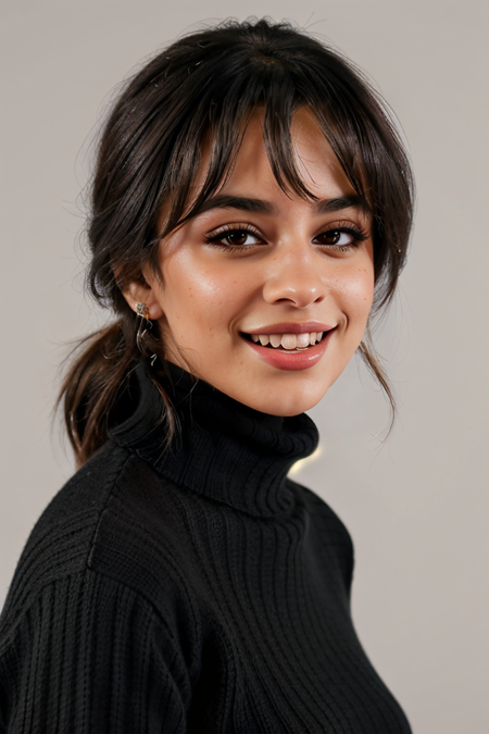 CamilaCabello, modelshoot, pose, standing, upper body, ((black background, black turtleneck sweater, closeup on face, laughing))