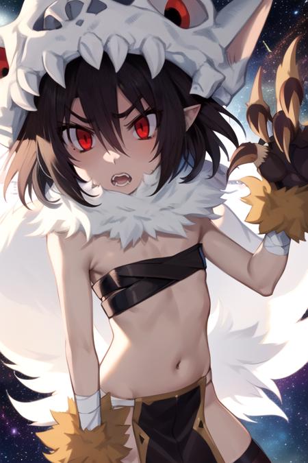 Shaman, red eyes, short black hair, flat chest, angry,  upper body,  teeth, 
Sattire, thighhighs, midriff, bandeau, gloves, claws, fur trim, loincloth, animal skull with red eyes, chest straps, outer space, stars, 
(insanely detailed, beautiful detailed face, masterpiece, best quality)
<lora:shaman-10v2:0.7>