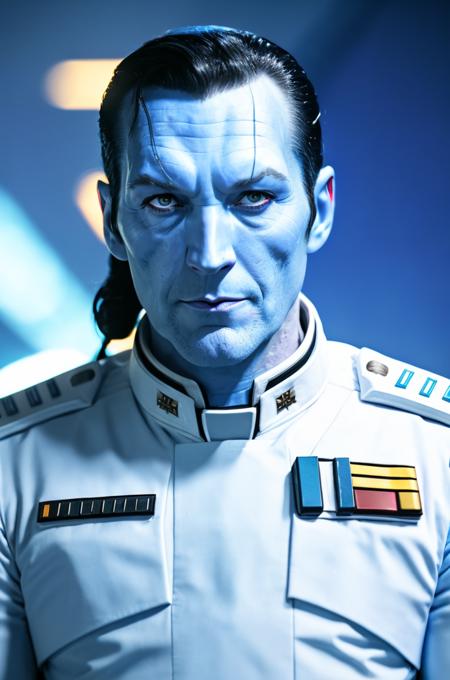 RAW photo of thrawn, an alien with (black hair:1.3), wearing a star wars imperial uniform, (blue skin:1.5), (red eyes:1.3), (colored skin,:1.1), detailed face,  (high detailed skin:1.2), 8k uhd, dslr, soft lighting, high quality, film grain, Fujifilm XT3