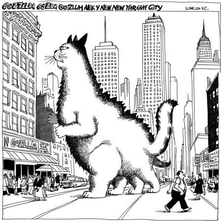 kliban-style a giant cat walking through new york city like godzilla