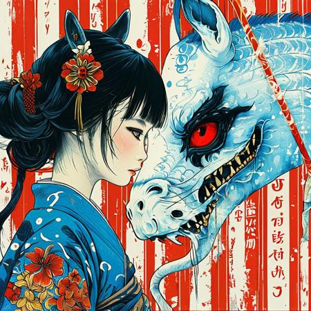 score_9, score_8_up, score_7_up, style of Yuko Shimizu, solo, 1girl, black hair, pony tail, blue kimono, straw hat, glowing blue eyes, oni mask, sheathed katana, clean lines, vibrant colors, detailed, masterpiece