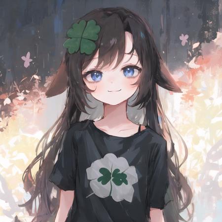 <lora:Kiki-v4-type2-merge:1> 1girl, kiki, four-leaf clover hairclip, smile, looking at viewer, closed mouth, arms behind back, black shirt, upper body, ears, long hair