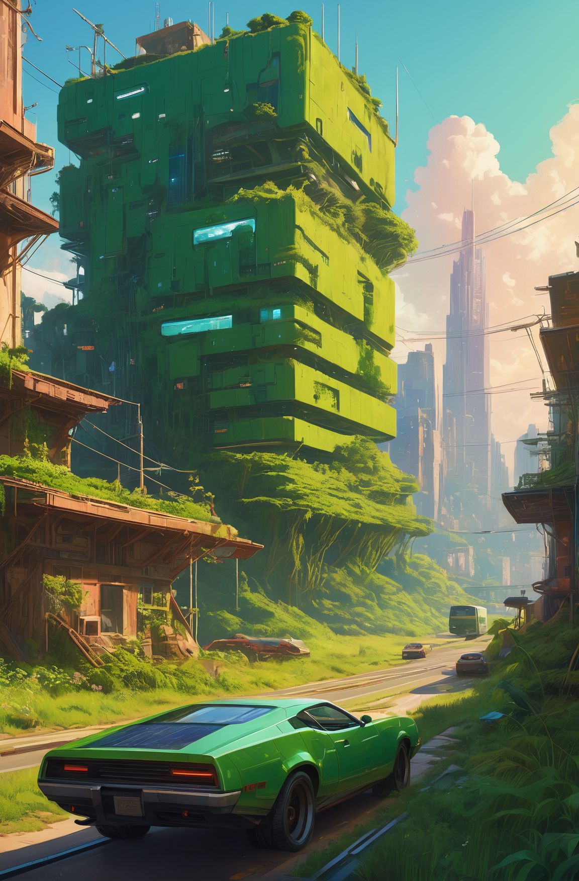 a cinematic composition depicting : we're overlooking a cyberpunk civilization in the valley with overgrown buildings, whe...