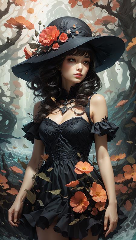 Full Fantasy Flower,<lora:Full Fantasy 000008:0.7>,holding flowers in hand,flower sea,creek,hat,forest,black dress,