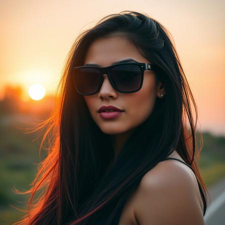 woman portrait,20yo, mulatto latino appearance, sport bike sunglasses, black and red long hair style, background blurred, sunset in the background, sunny day