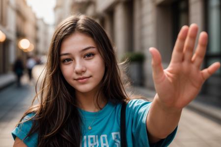 photo of a 18 year old girl,high five,happy,ray tracing,detail shadow,shot on Fujifilm X-T4,85mm f1.2,sharp focus,depth of field,blurry background,bokeh,lens flare,motion blur,<lora:add_detail:1>,