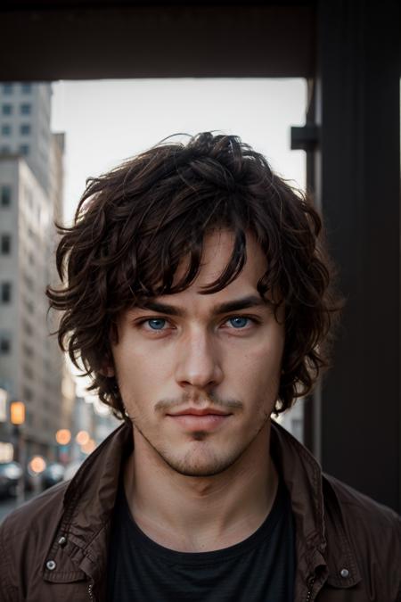 Xander Ellis,  solo,  looking at viewer,  short hair,  blue eyes,  brown hair,  shirt,  1boy,  closed mouth,  jacket,  male focus,  black shirt,  facial hair,  portrait,  realistic,  light stubble, <lora:EMS-45587-EMS:0.400000>