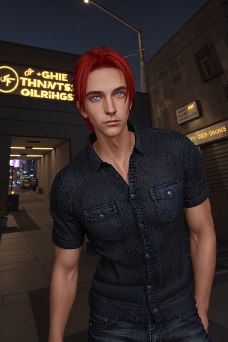 Charlie Pe'kova, 1boy, male focus, mature male, tanned skin, tan, solo, looking at viewer, short hair, blue eyes, shirt, red hair, building, extremely detailed, detailed eyes, detailed face, Highly detailed RAW color Photo, dynamic lighting, light bokeh, EpicMix-TshirtJeansSetting, <lora:Charlie:0.7>