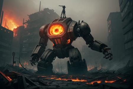(raw photo, morbid horror:1.2), (a giant battle cyborg:1.1), angry, fullmetal, robotic, mechanical parts, (burning city background:1.2), slate atmosphere, cinematic, dimmed colors, dark shot, muted colors, film grainy, lut, spooky